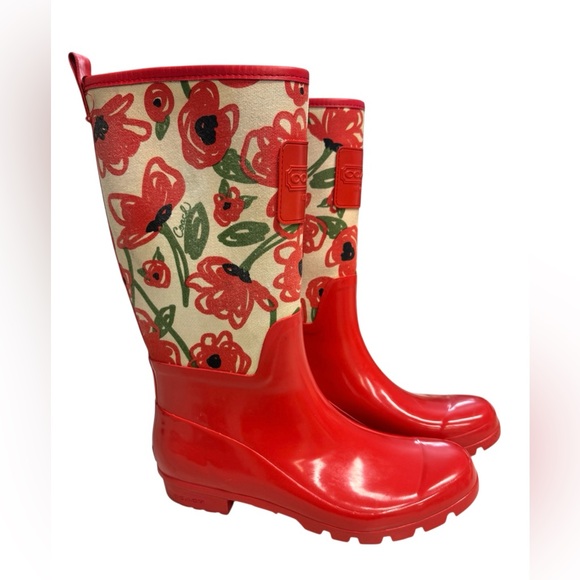 Coach Poppy Red Floral Pearl TallRain Boots Size 11B